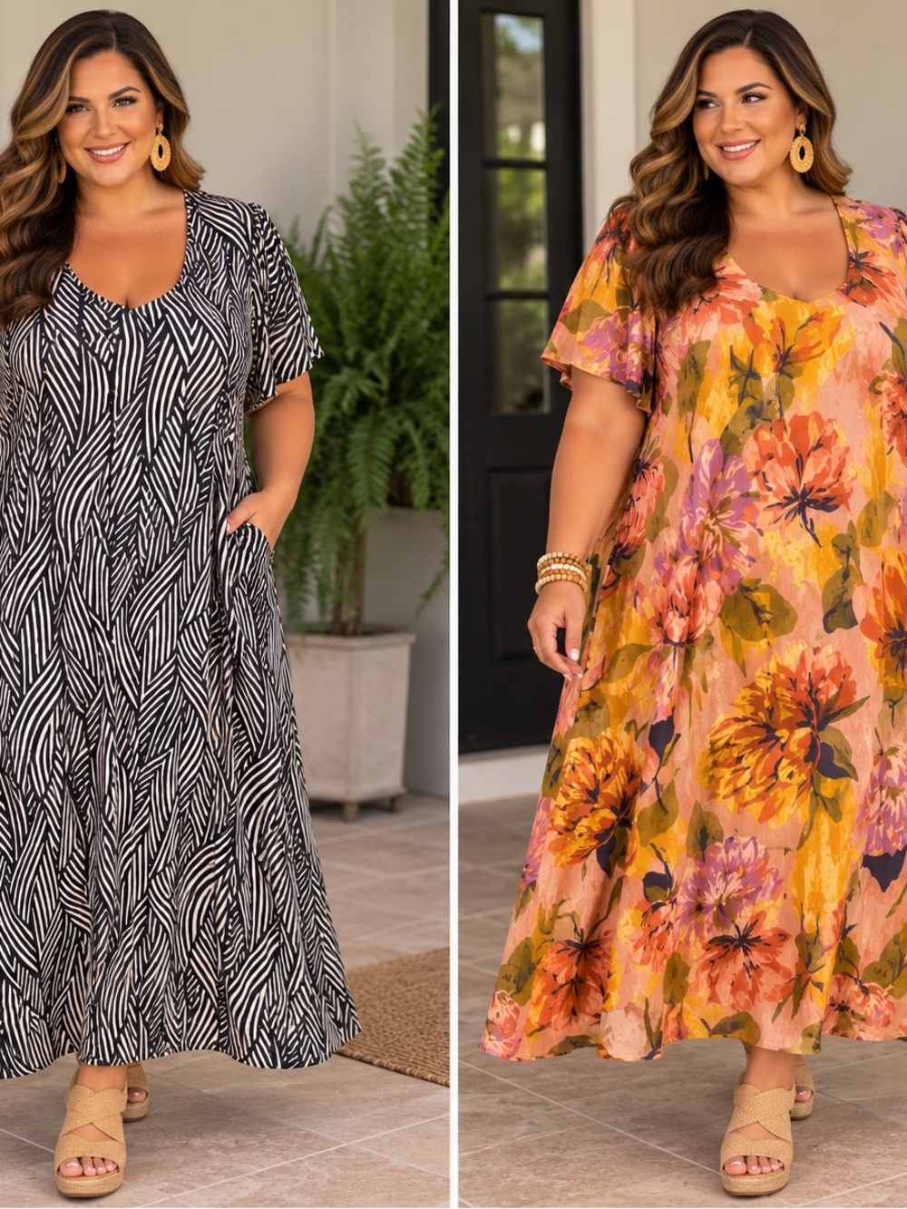 Set of Terra & Sky Floral Maxi Dresses in Yellow and Black and White